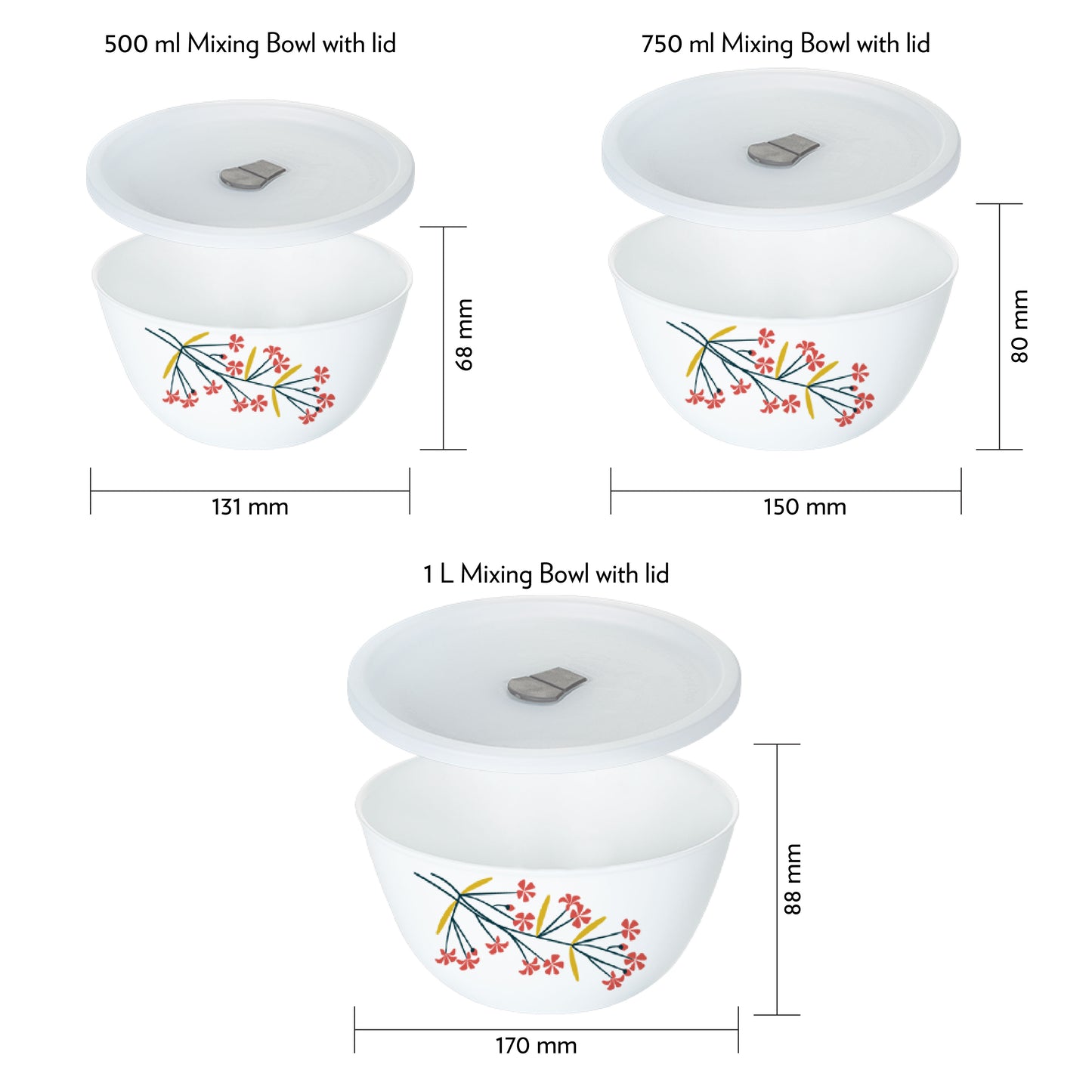 Larah by Borosil Red Bud 4 pc Mixing Bowl, 1 L + 750 ml + 500 ml