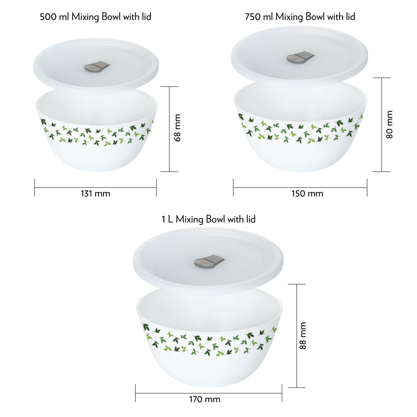 Larah by Borosil Sage 4 pc Mixing Bowl, 1 L + 750 ml + 500 ml