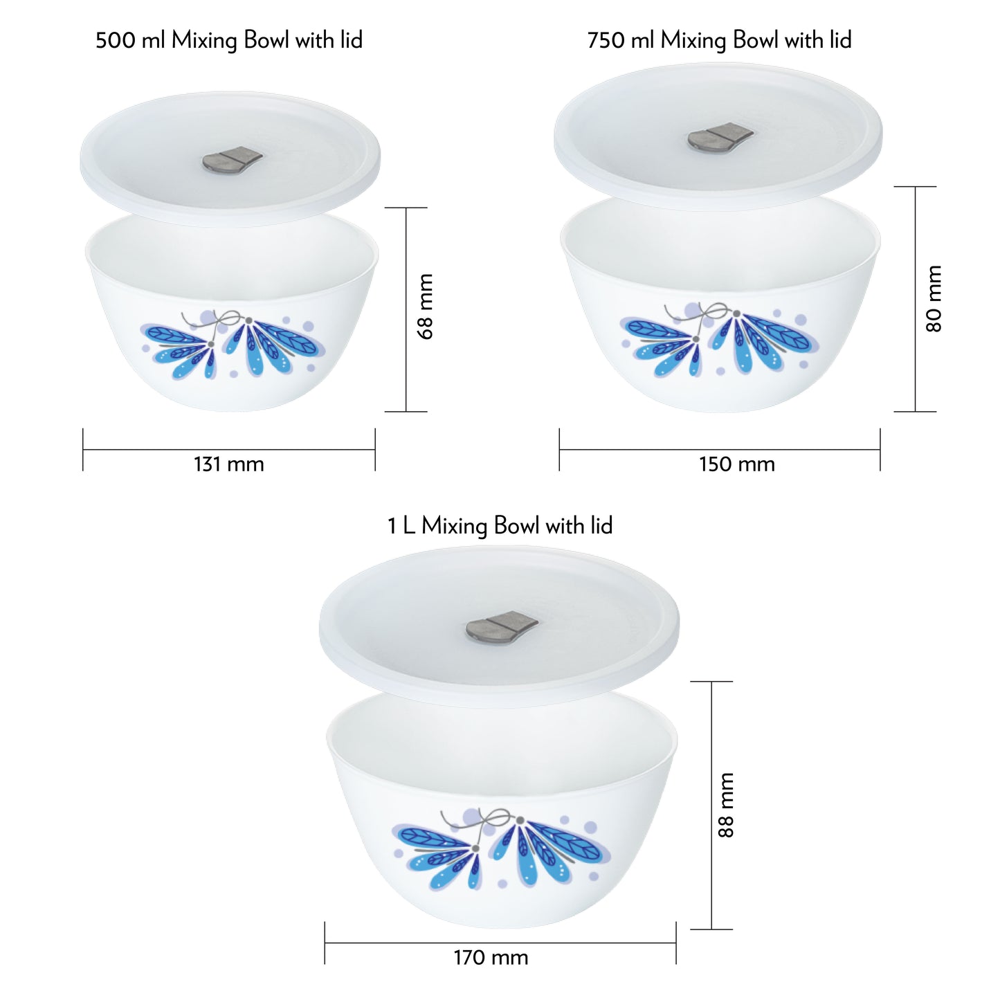 Larah by Borosil Twilight 4 pc Mixing Bowl, 1 L + 750 ml + 500 ml