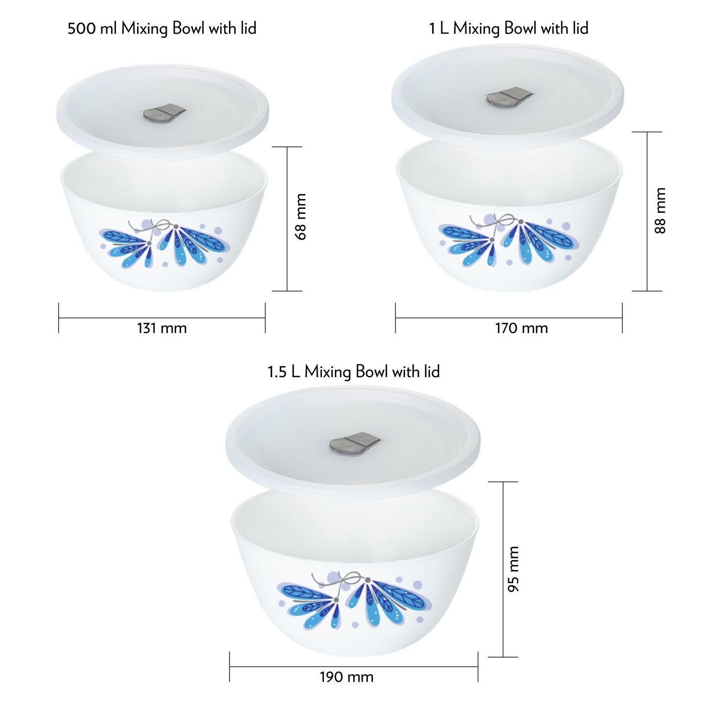 Larah by Borosil Twilight 4 pc Mixing Bowl, 500 ml + 1 L + 1.5 L