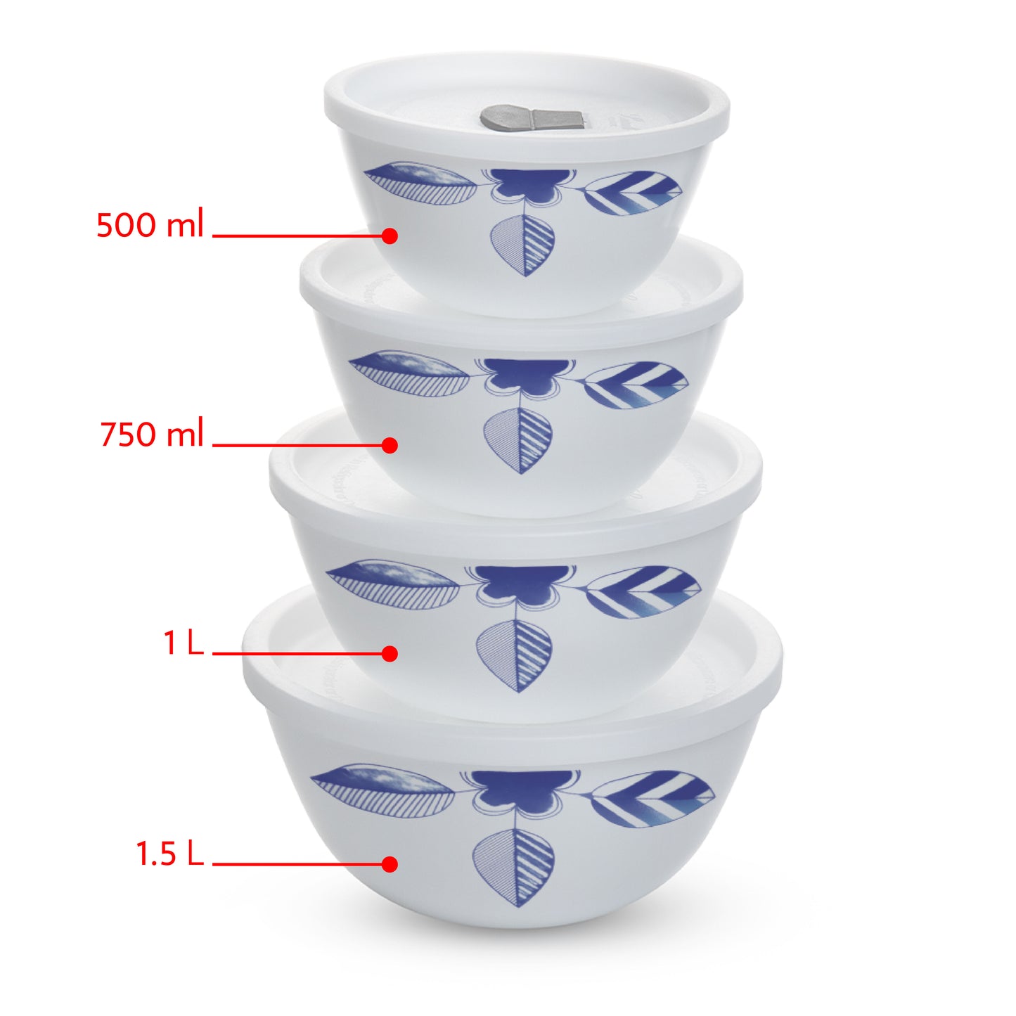 Larah by Borosil Morning Glory 4 pc Mixing Bowl, 500 ml + 750 ml + 1 L + 1.5 L