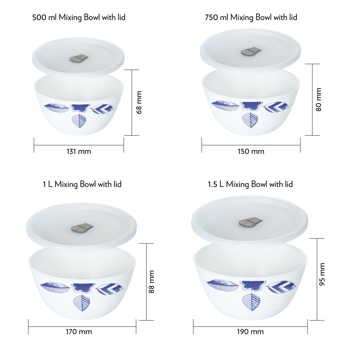 Larah by Borosil Morning Glory 4 pc Mixing Bowl, 500 ml + 750 ml + 1 L + 1.5 L