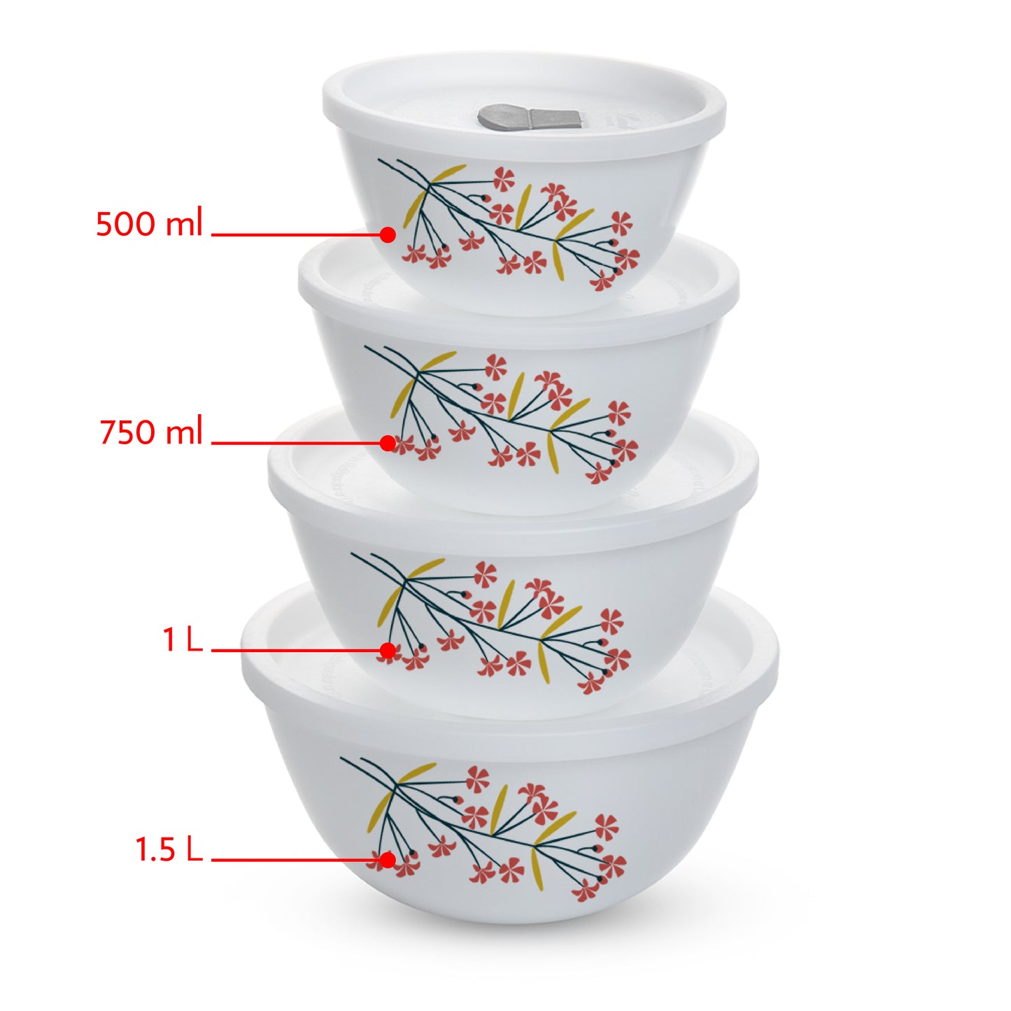 Larah by Borosil Red Bud 4 pc Mixing Bowl, 500 ml + 750 ml + 1 L + 1.5 L