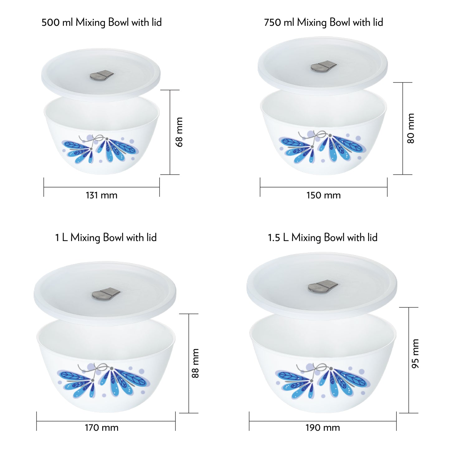 Larah by Borosil Twilight 4 pc Mixing Bowl, 500 ml + 750 ml + 1 L + 1.5 L