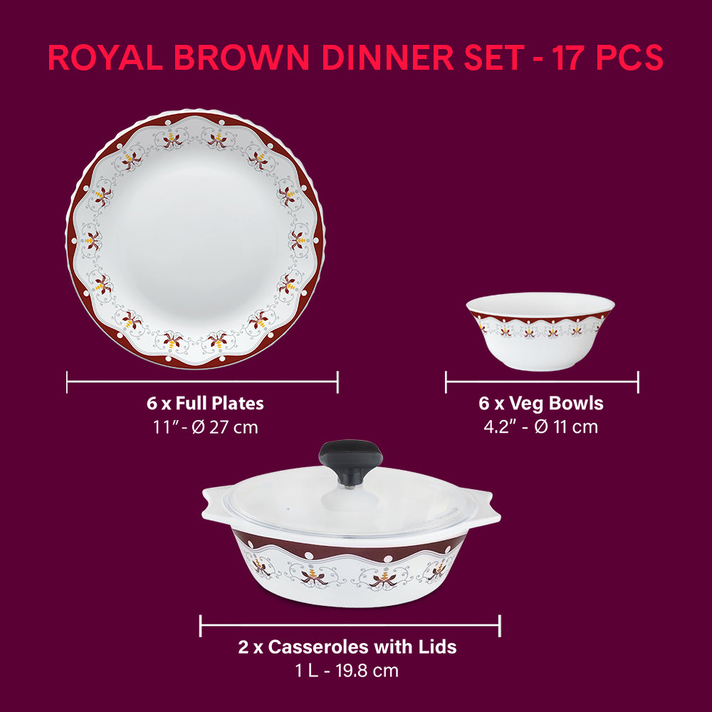 Larah by Borosil Home Chef Set - Royal Brown 6 Full Plates + 6 Veg Bowls + 2 Opal Casseroles + 2 Plastic Lid 17 pcs Set