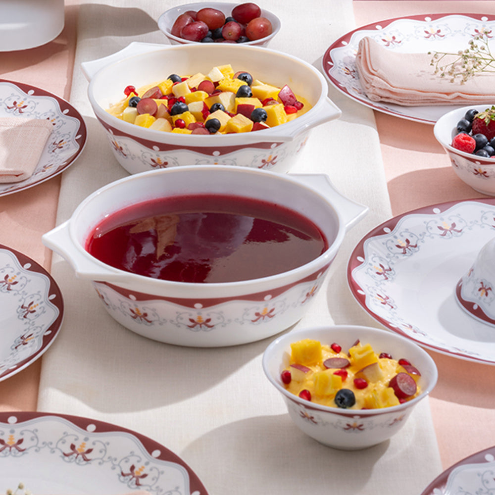 Larah by Borosil Home Chef Set - Royal Brown 6 Full Plates + 6 Veg Bowls + 2 Opal Casseroles + 2 Plastic Lid 17 pcs Set