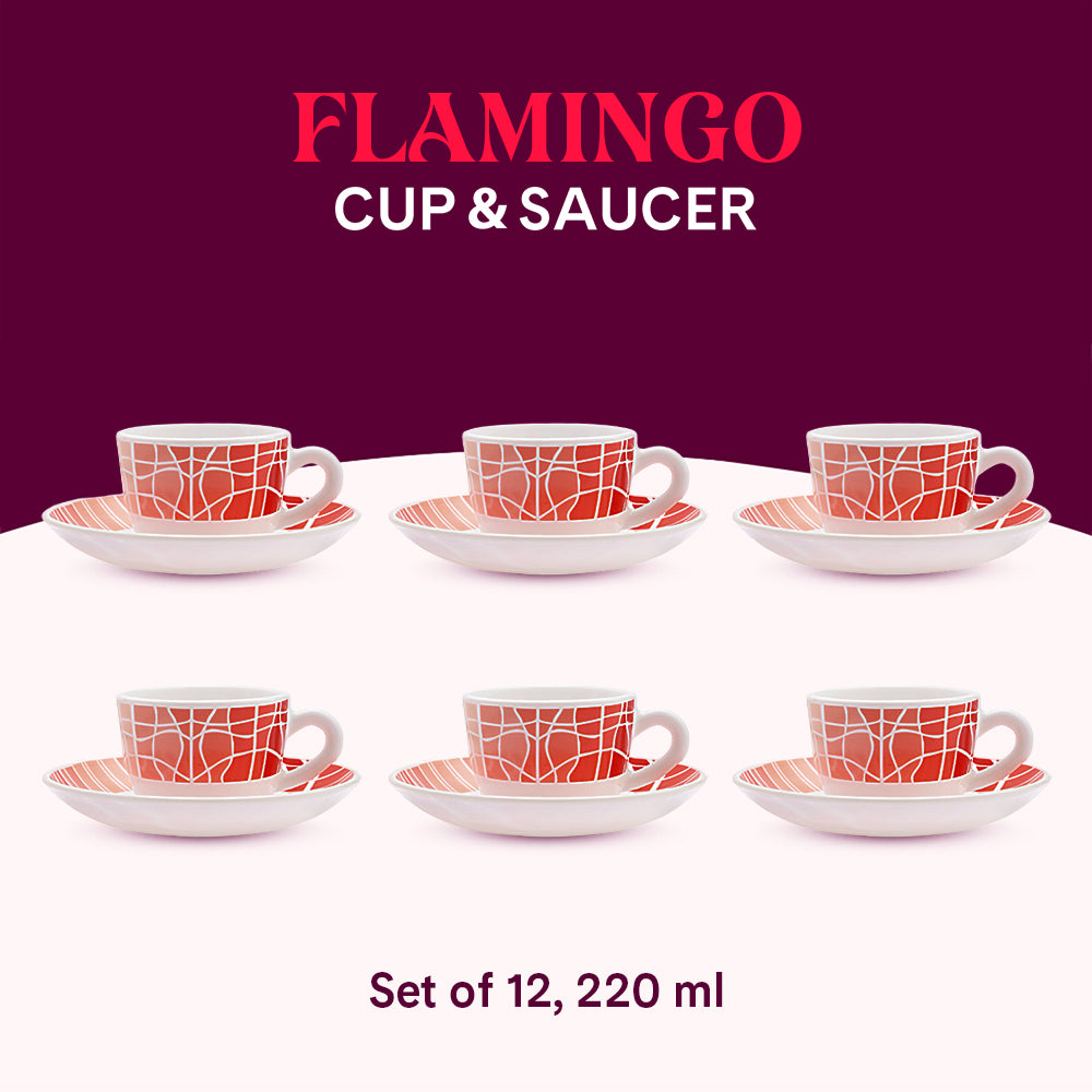 Larah by Borosil Flamingo Cup n Saucers Set 220 ml x 12