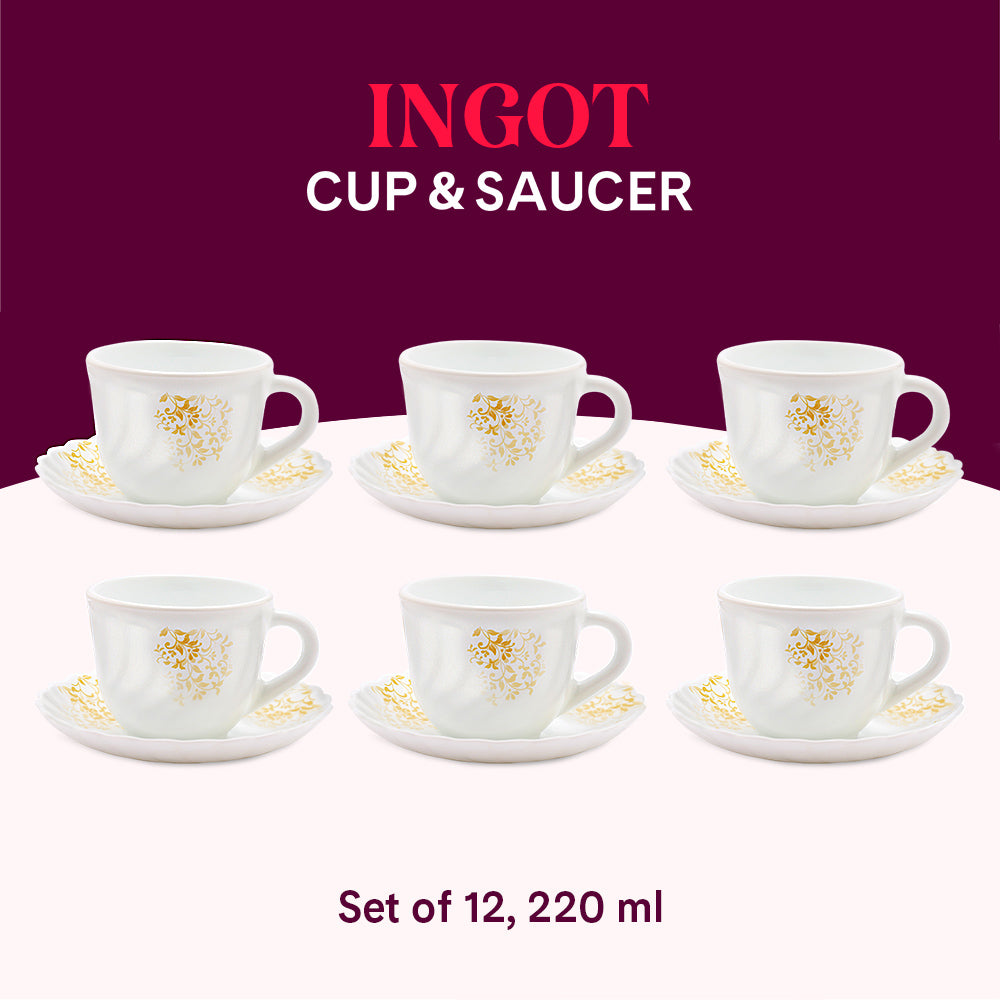 Larah by Borosil Ingot Cup n Saucer Set 220 ml x 12