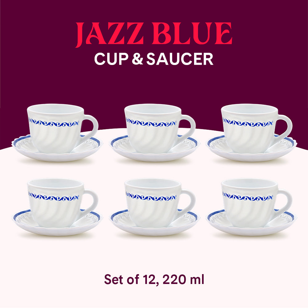 Larah by Borosil Jazzblue Cup n Saucer Set 220 ml x 12