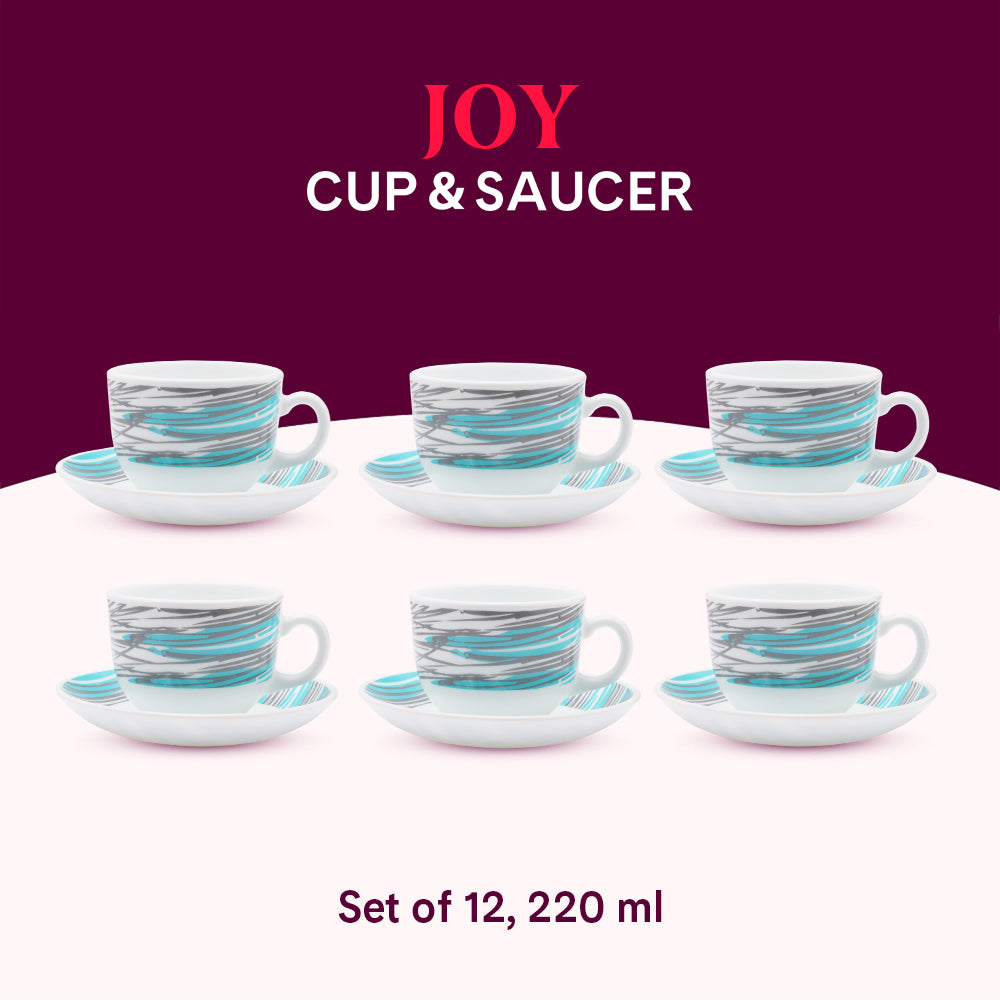 Larah by Borosil Joy Cup n Saucers Set 220 ml x 12