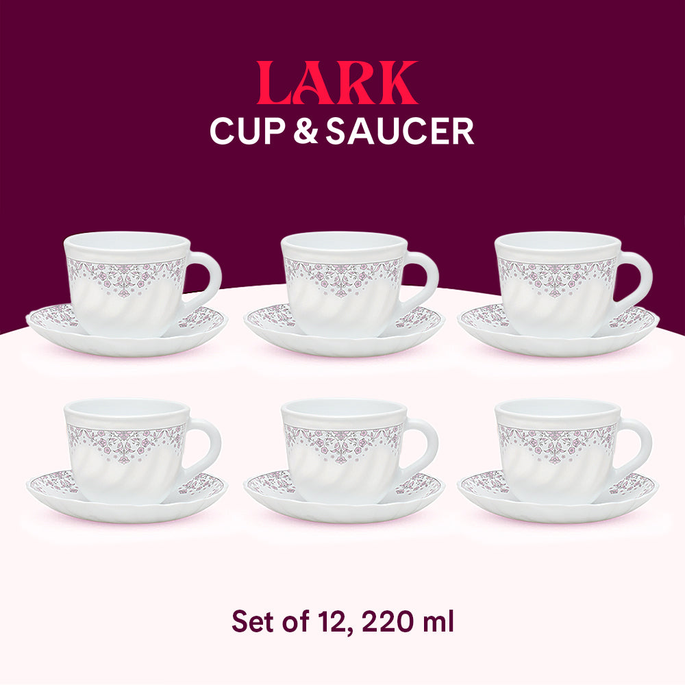 Larah by Borosil Lark Cup n Saucers Set 220 ml x 12