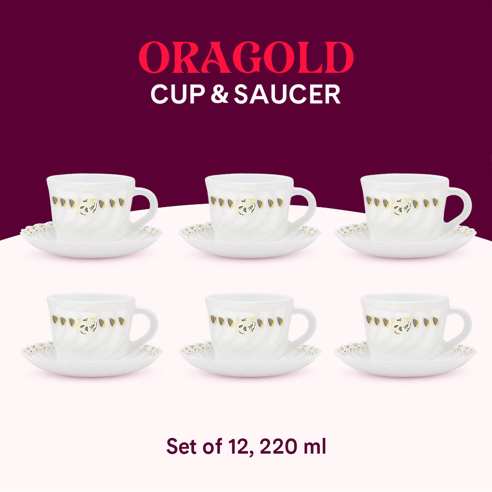 Larah by Borosil Ora Gold Cup n Saucer Set 220 ml x 12
