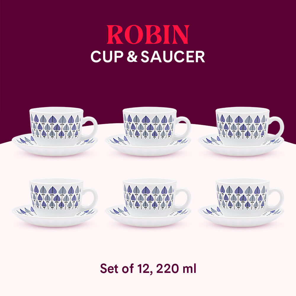 Larah by Borosil Robin Cup n Saucers Set 220 ml x 12