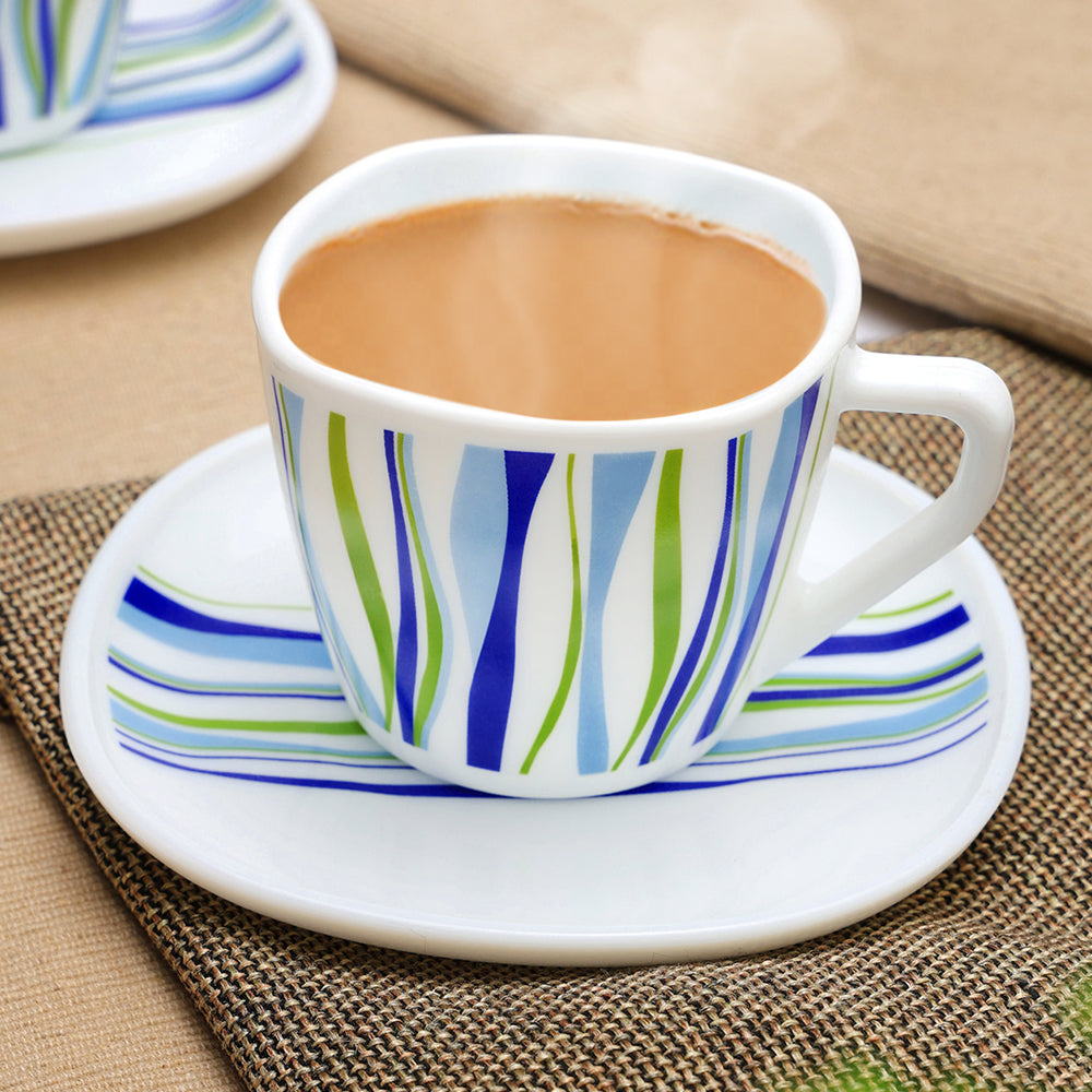 Larah by Borosil Rio Blue Square Cup n Saucer Set 220 ml x 12