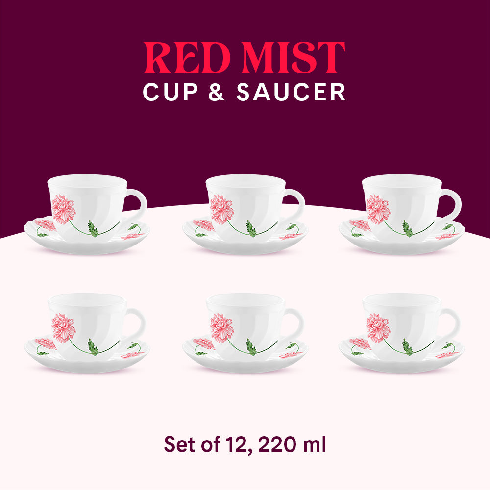Larah by Borosil Red Mist Cup n Saucer Set 220 ml x 12