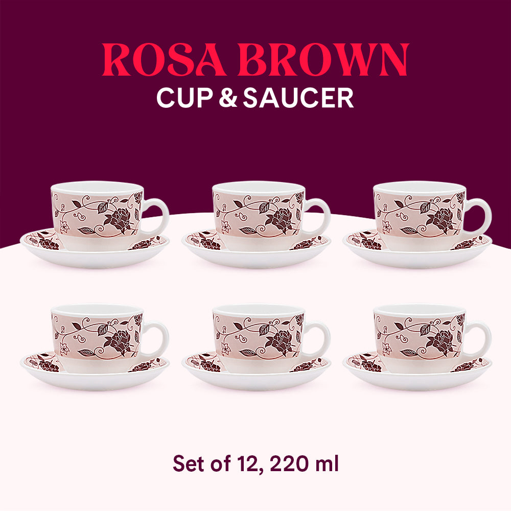 Larah by Borosil Rosa Brown Cup n Saucer Set 220 ml x 12