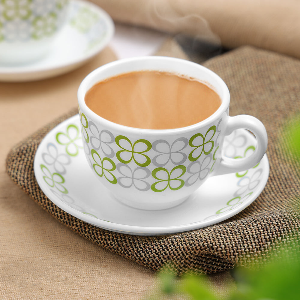 Larah by Borosil Sundrop Green Cup n Saucer Set 220 ml x 12
