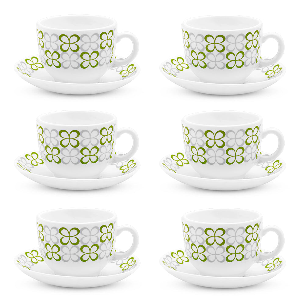 Larah by Borosil Sundrop Green Cup n Saucer Set 220 ml x 12