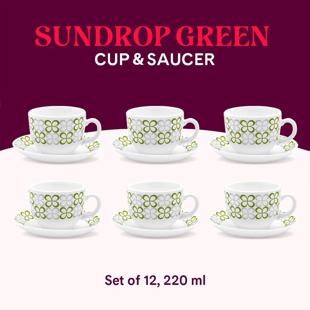 Larah by Borosil Sundrop Green Cup n Saucer Set 220 ml x 12