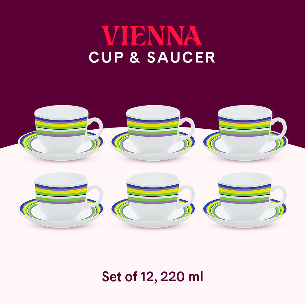 Larah by Borosil Vienna Cup n Saucers Set 220 ml x 12
