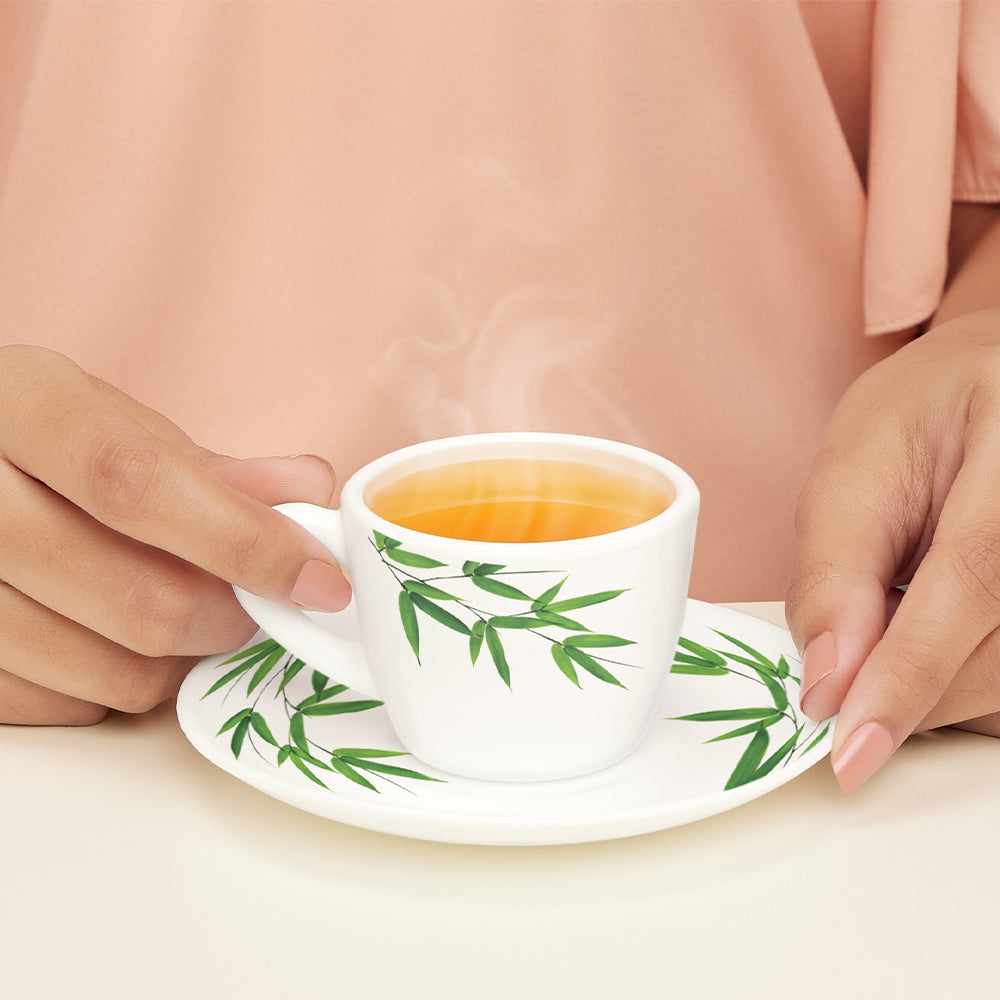 Larah by Borosil Bamboo Leaves Cup n Saucer Set 90 ml x 12