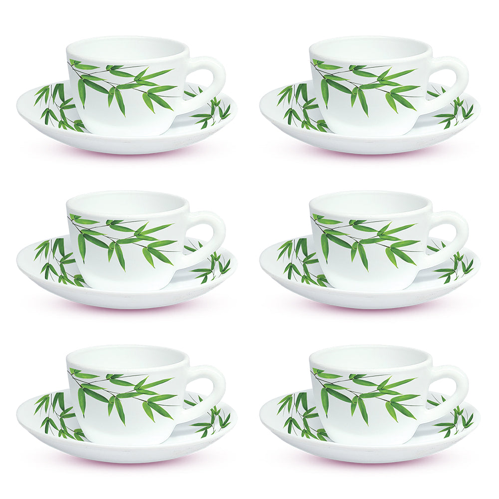 Larah by Borosil Bamboo Leaves Cup n Saucer Set 90 ml x 12