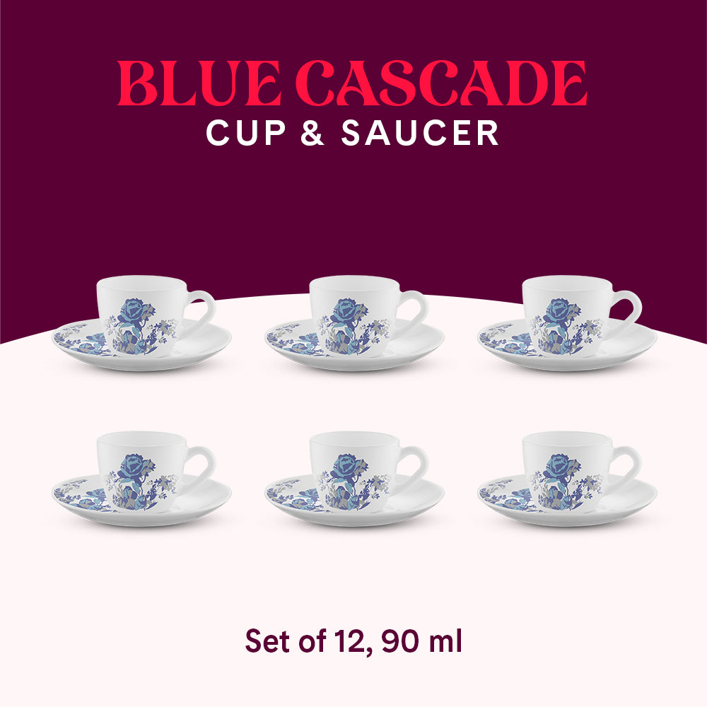 Larah by Borosil Blue Cascade Cup n Saucer Set 90 ml x 12