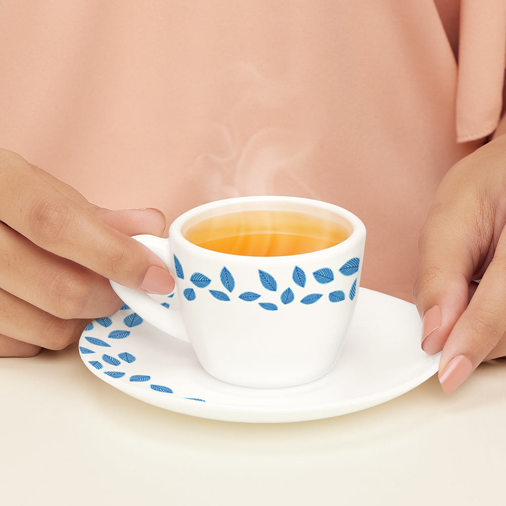 Larah by Borosil Blue Leaves Cup n Saucer Set 90 ml x 12
