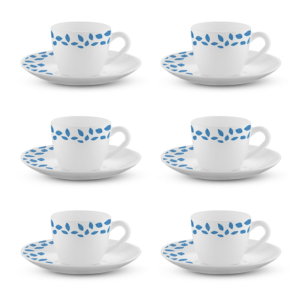 Larah by Borosil Blue Leaves Cup n Saucer Set 90 ml x 12
