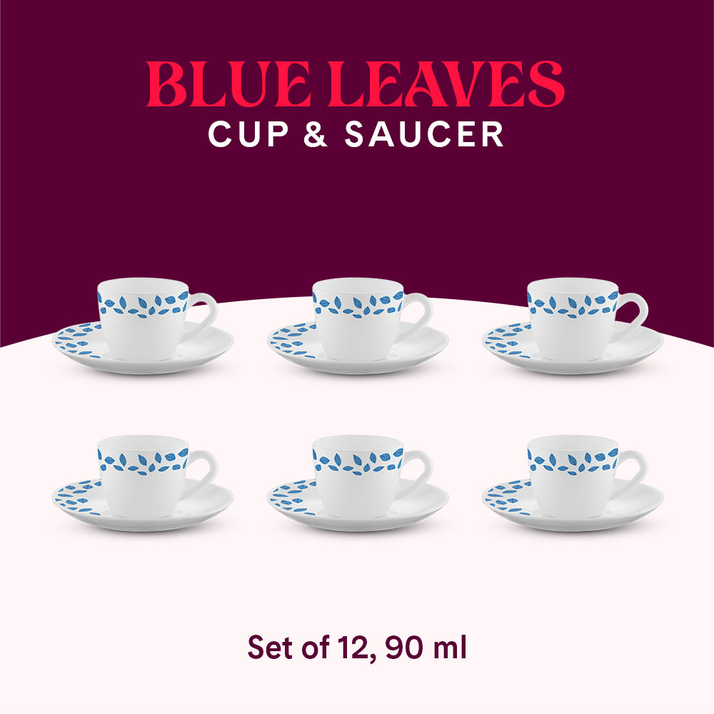 Larah by Borosil Blue Leaves Cup n Saucer Set 90 ml x 12