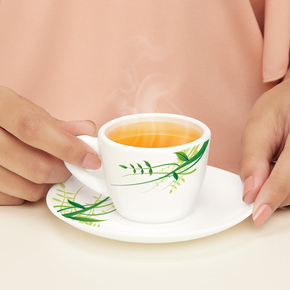 Larah by Borosil Green Herbs Cup n Saucer Set 90 ml x 12