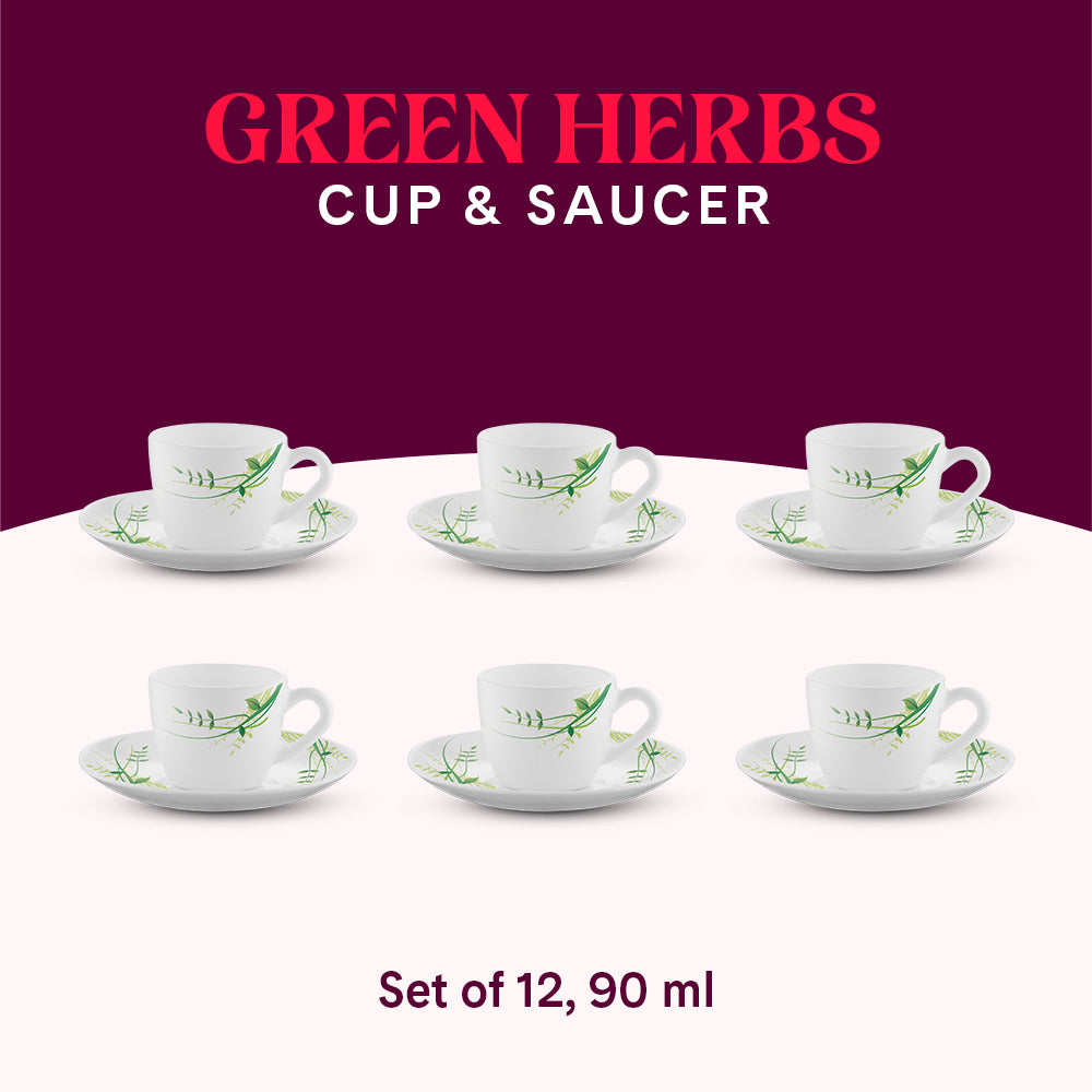 Larah by Borosil Green Herbs Cup n Saucer Set 90 ml x 12