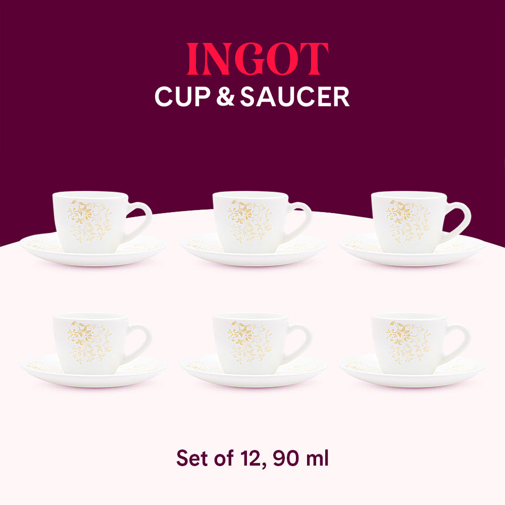 Larah by Borosil Ingot Cup n Saucer Set 90 ml x 12