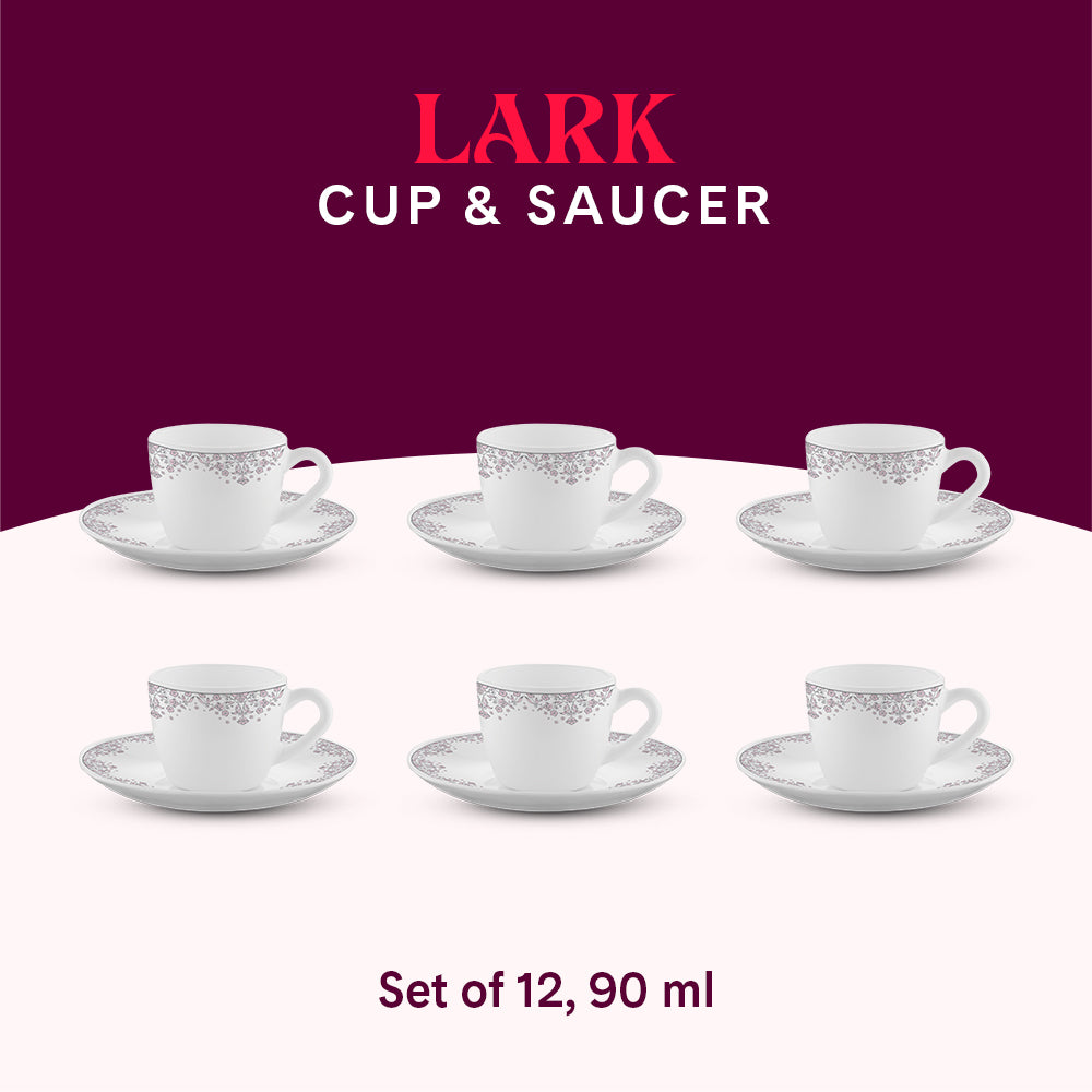 Larah by Borosil Lark Cup n Saucers Set 90 ml x 12