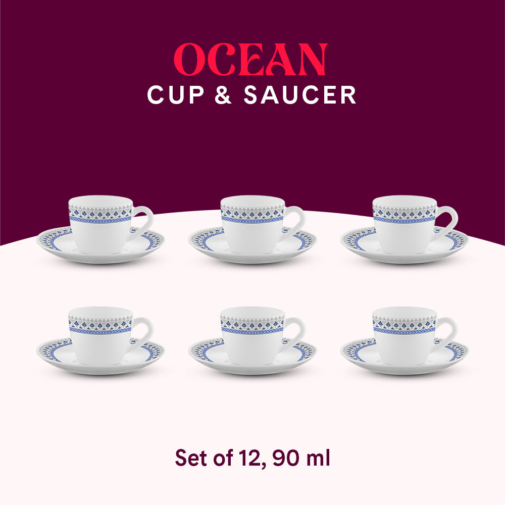 Larah by Borosil Ocean Cup n Saucers Set 90 ml x 12