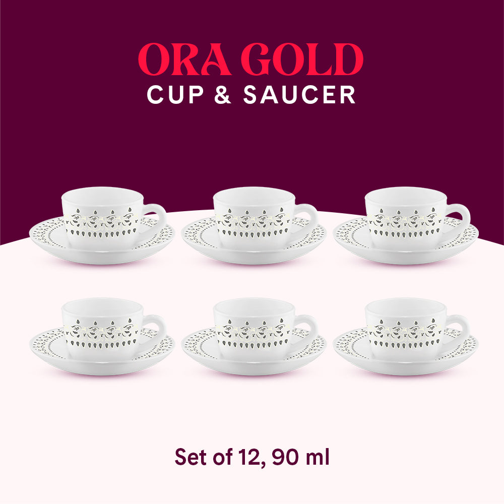 Larah by Borosil Ora Gold Cup n Saucer Set 90 ml x 12