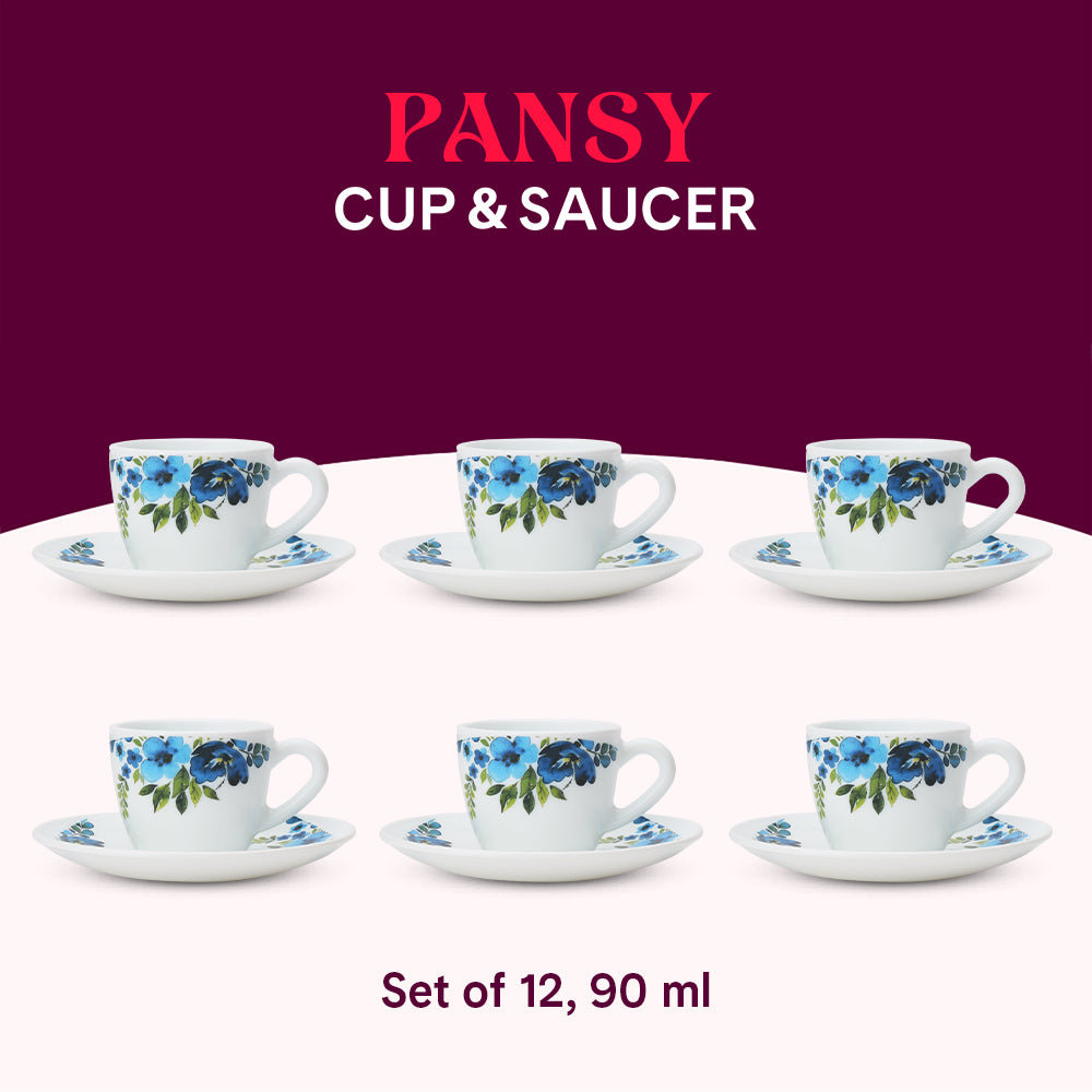 Larah by Borosil Pansy Cup n Saucer Set 90 ml x 12
