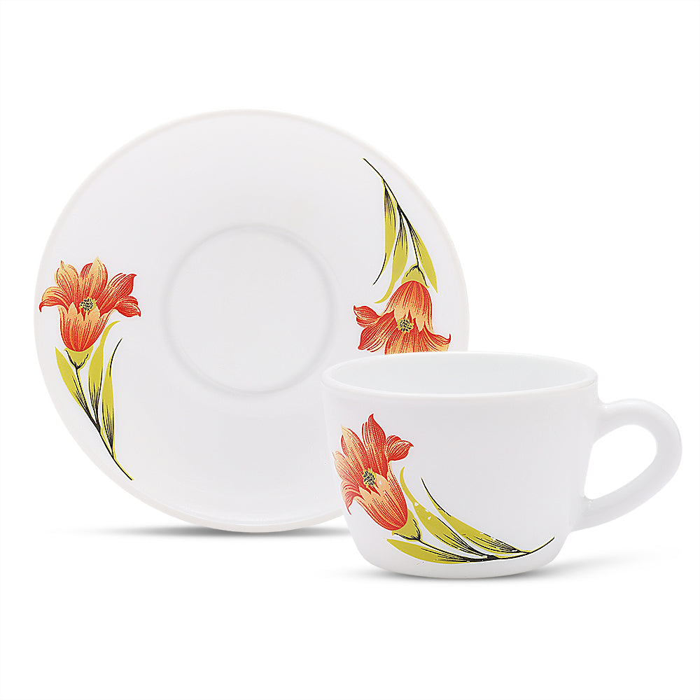 Larah by Borosil Red Iris Cup n Saucer Set 90 ml x 12