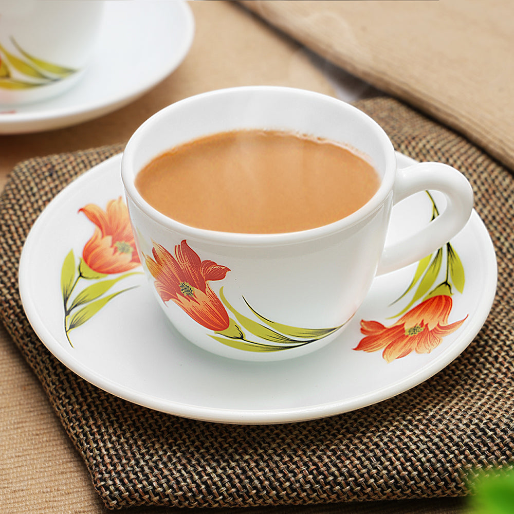 Larah by Borosil Red Iris Cup n Saucer Set 90 ml x 12