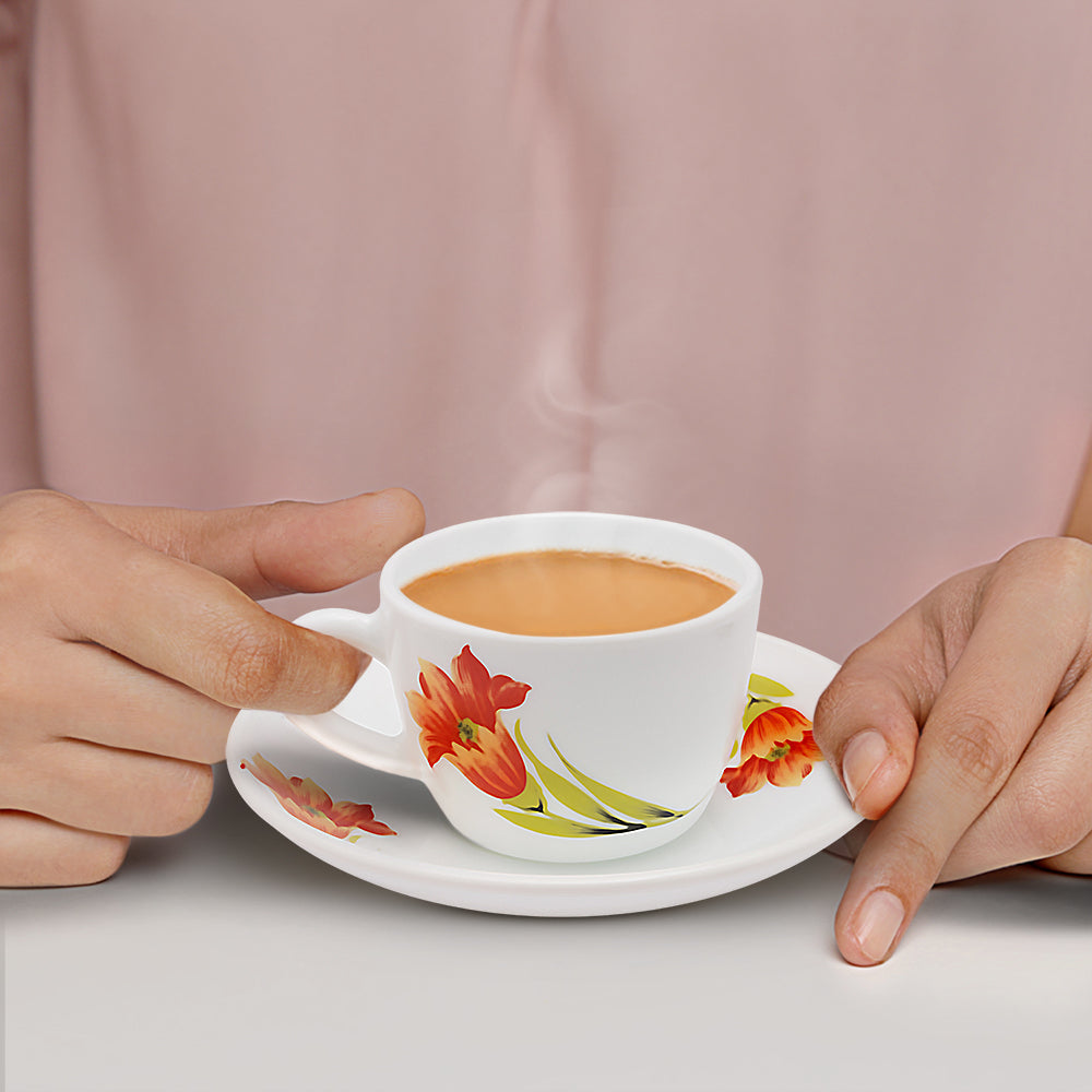 Larah by Borosil Red Iris Cup n Saucer Set 90 ml x 12