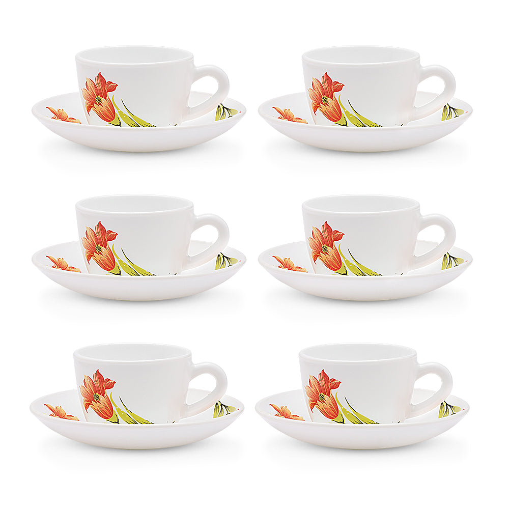 Larah by Borosil Red Iris Cup n Saucer Set 90 ml x 12