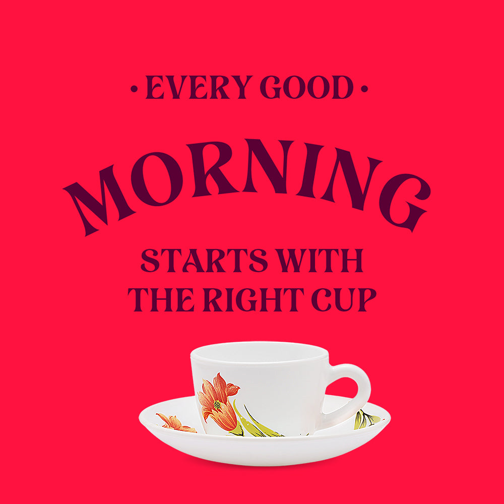 Larah by Borosil Red Iris Cup n Saucer Set 90 ml x 12