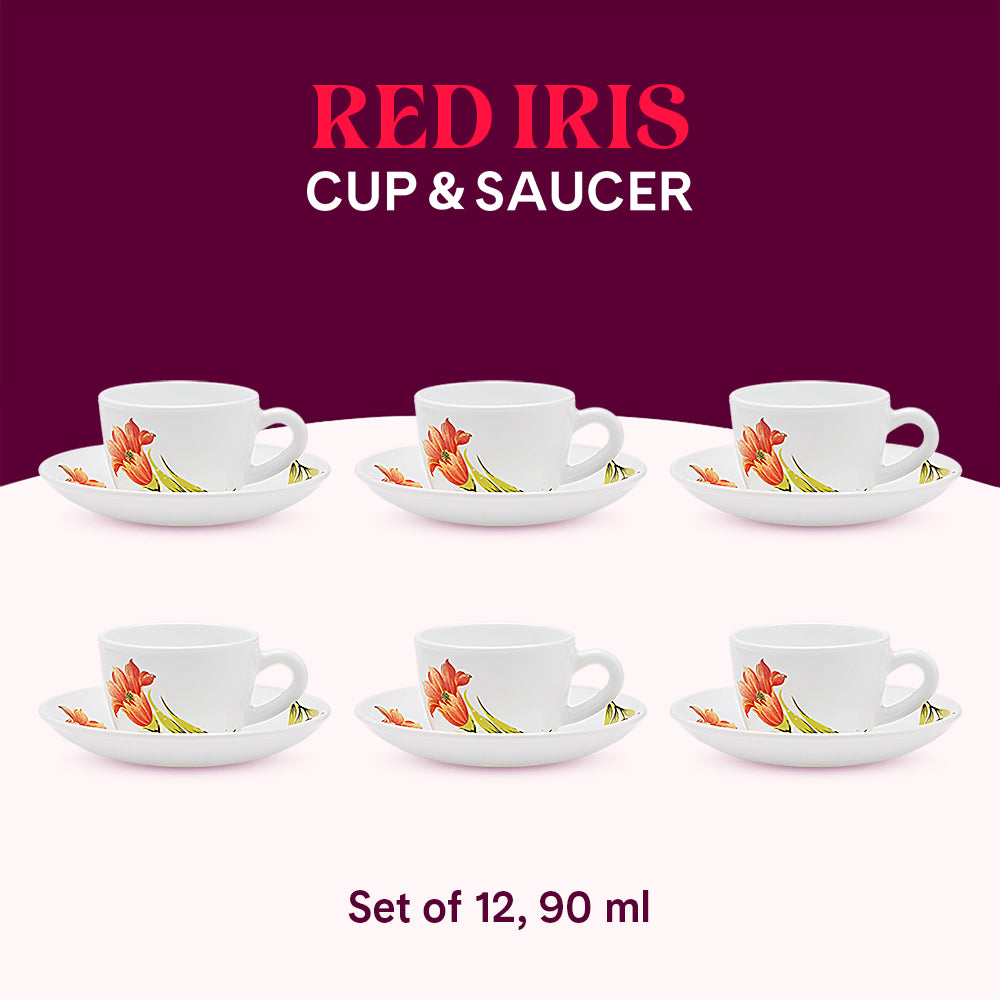 Larah by Borosil Red Iris Cup n Saucer Set 90 ml x 12