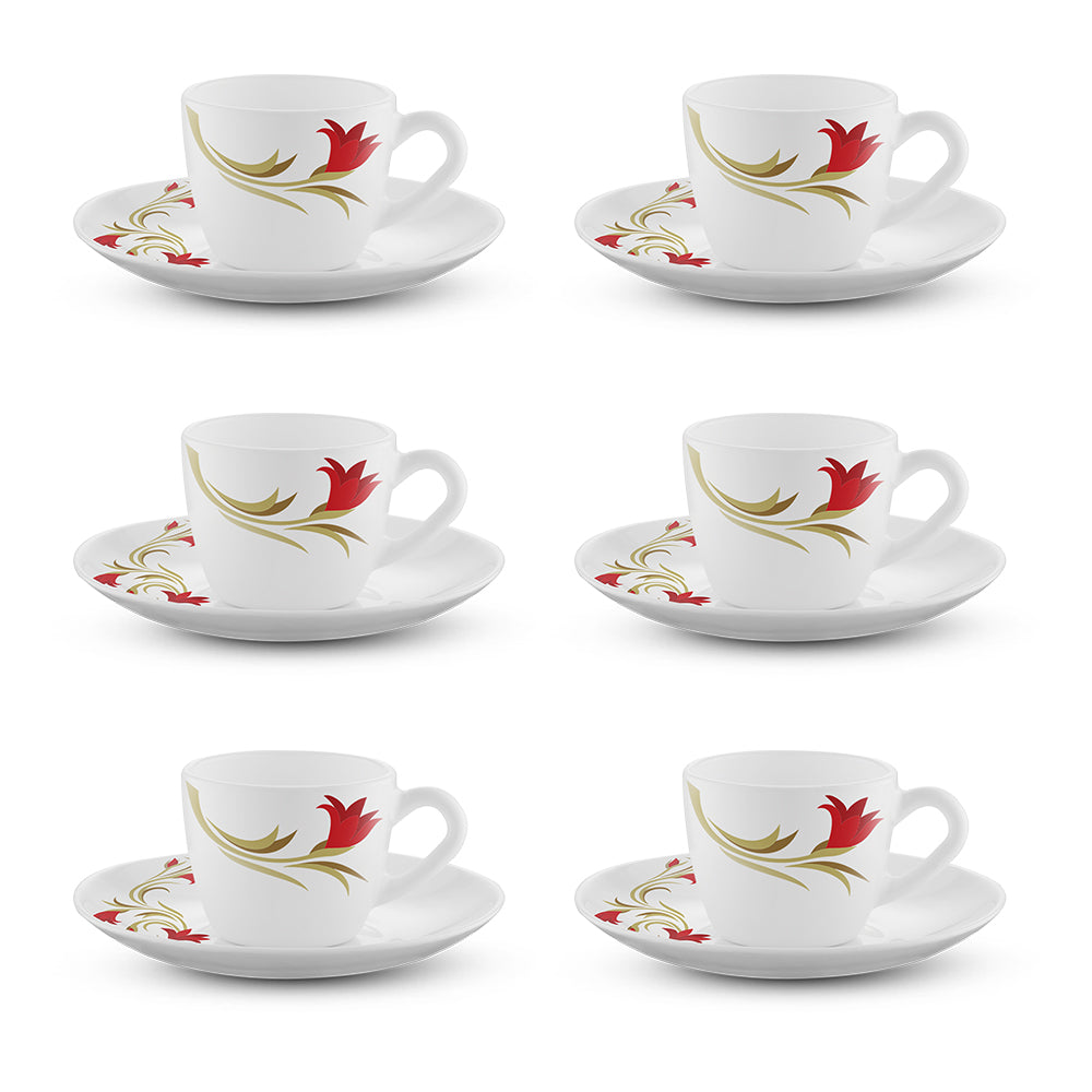 Larah by Borosil Red Lily Cup n Saucer Set 90 ml x 12