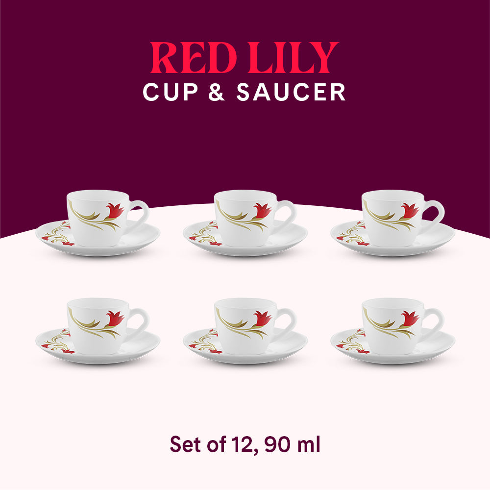 Larah by Borosil Red Lily Cup n Saucer Set 90 ml x 12