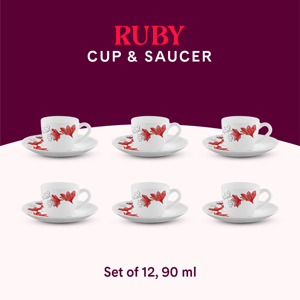 Larah by Borosil Ruby Cup n Saucer Set 90 ml x 12