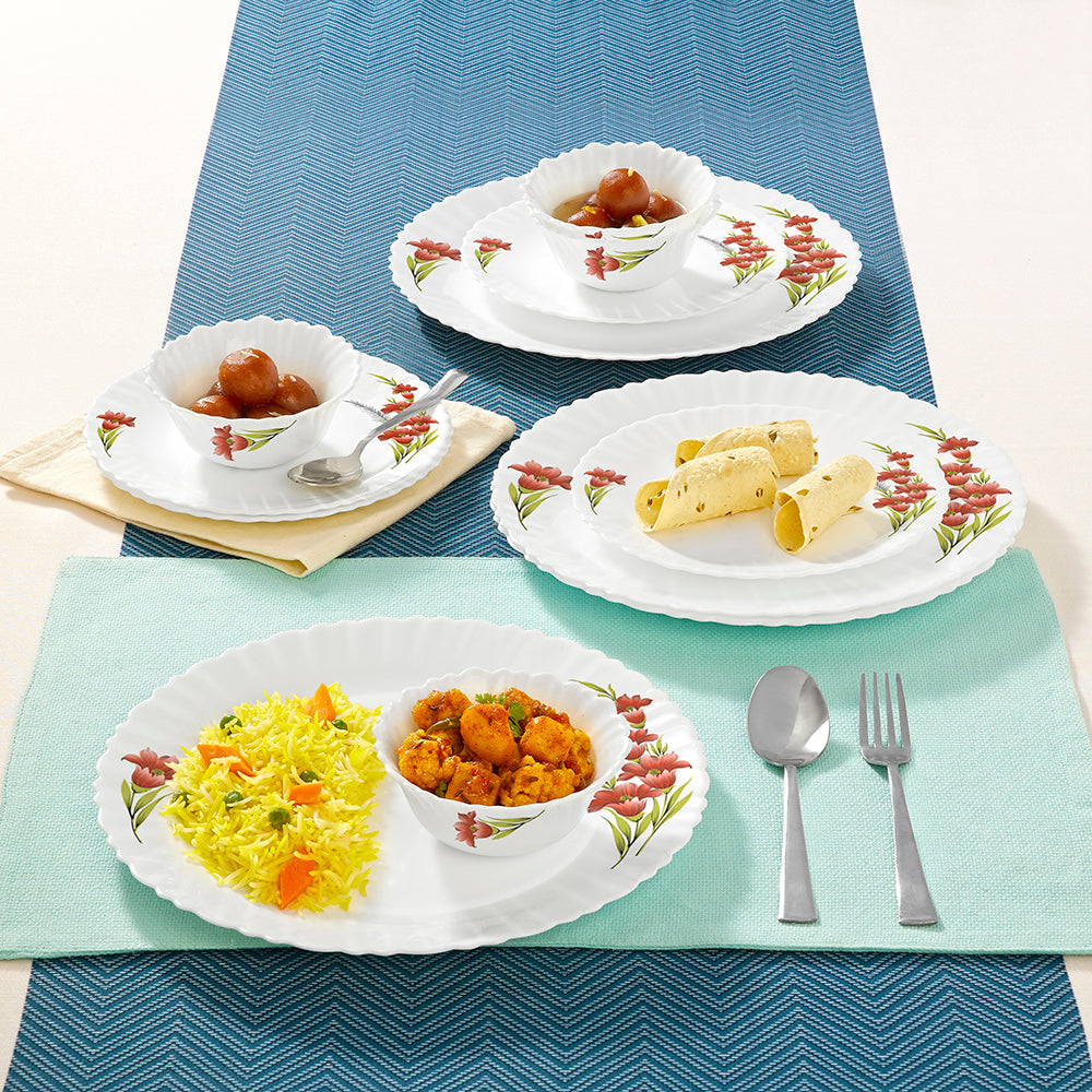 Larah by Borosil Red Iris Dinner Set 12 pc Set: Serves 4