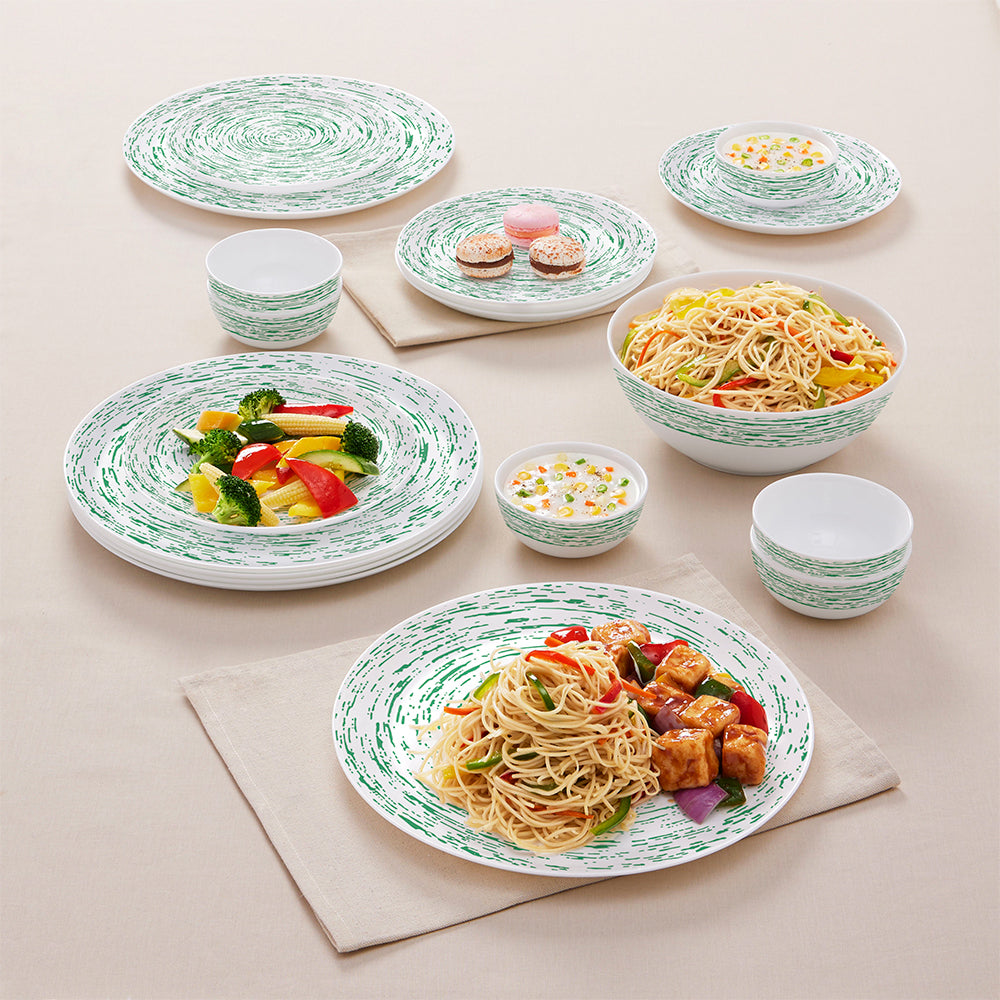 Larah by Borosil, Opalware, Microwave Safe, Green Nova Dinner Set (Serves 4,6,8) 19 pc Set: Serves 6