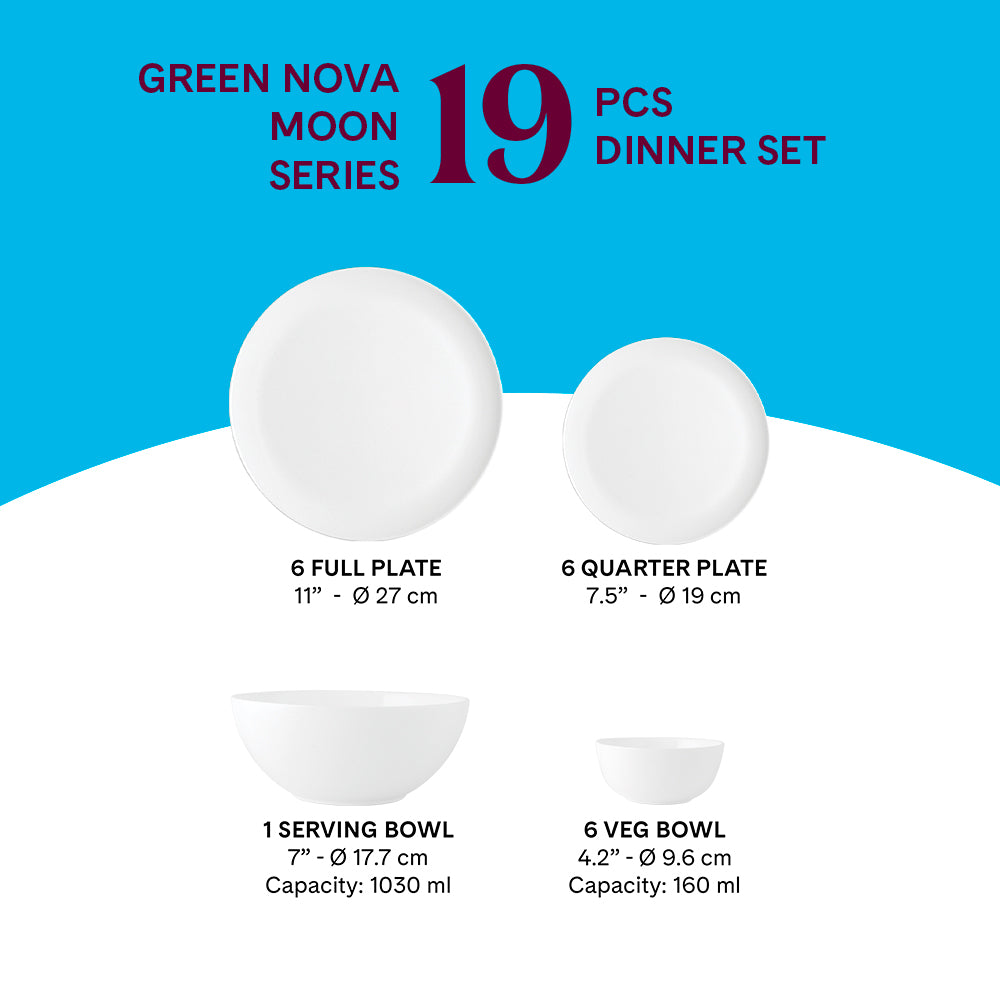 Larah by Borosil, Opalware, Microwave Safe, Green Nova Dinner Set (Serves 4,6,8) 19 pc Set: Serves 6