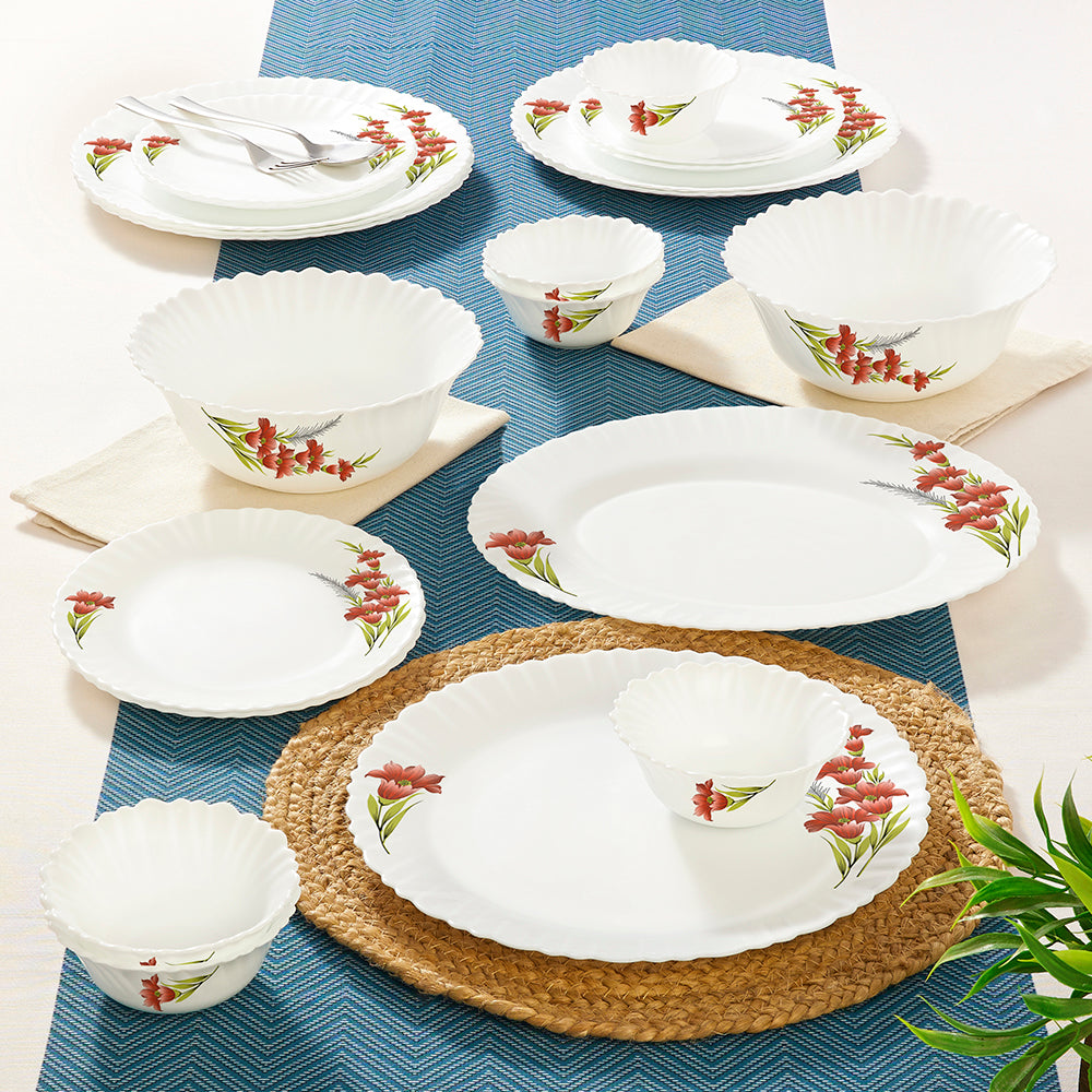 Larah by Borosil Red Iris Dinner Set 21 pc Set: Serves 6 (Option 1)